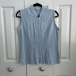 Eucalyptus Button Front Cotton Blouse Tank‎ Blue Sleeveless Embroidered XS READ